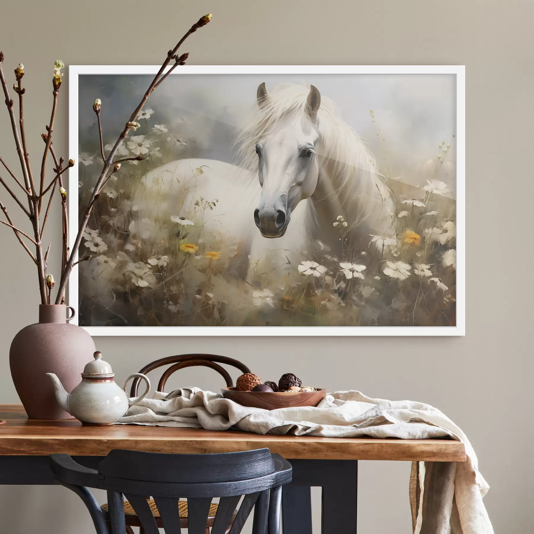 Papier peint Cheval blanc dans l'herbe parmi les marguerites f40533