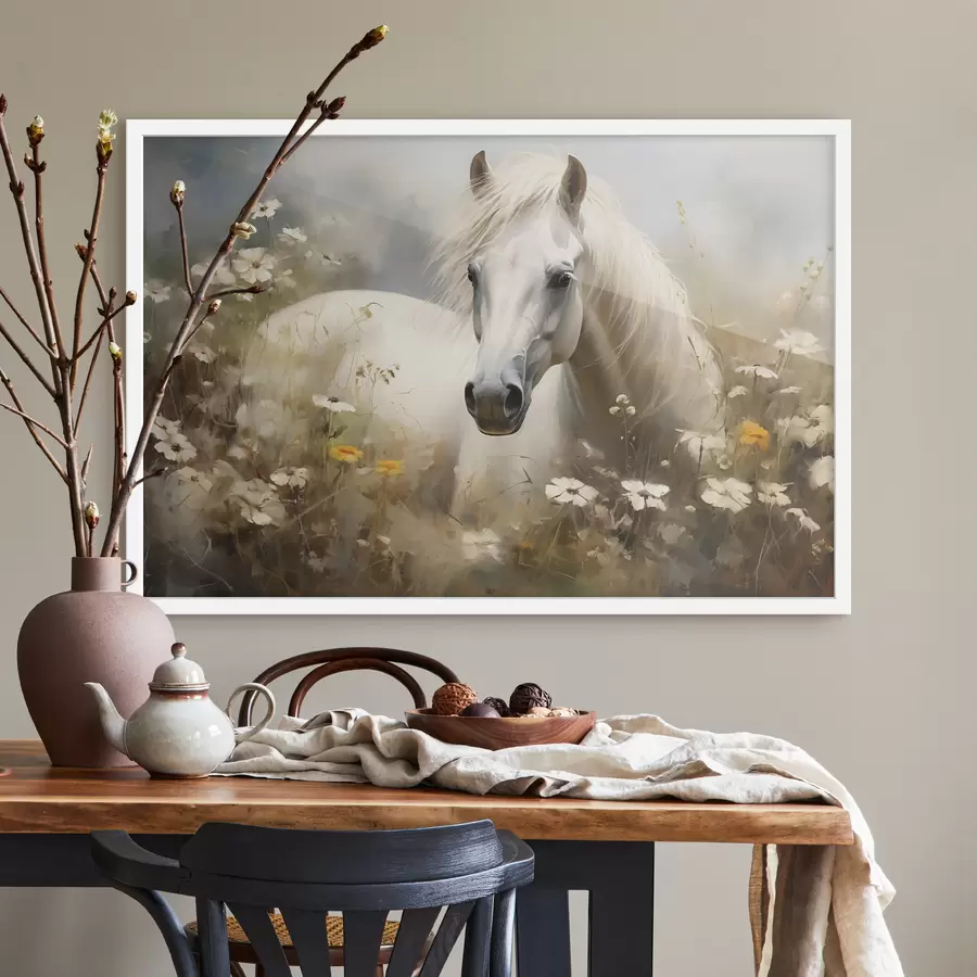 Papier peint Cheval blanc dans l'herbe parmi les marguerites f40533