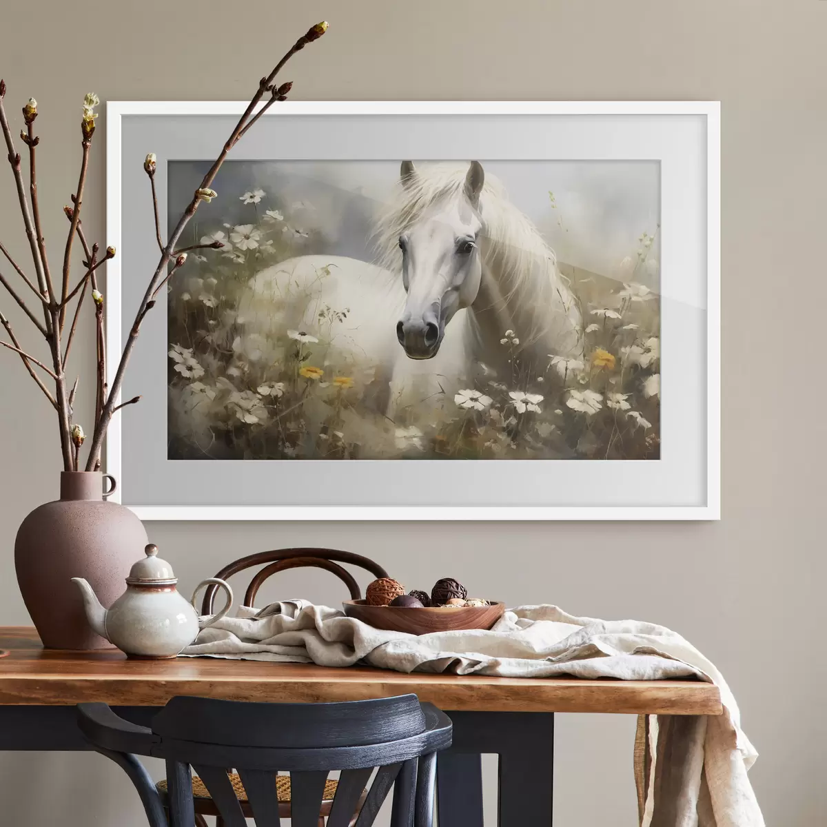 Poster Cheval blanc dans l'herbe parmi les marguerites f40533