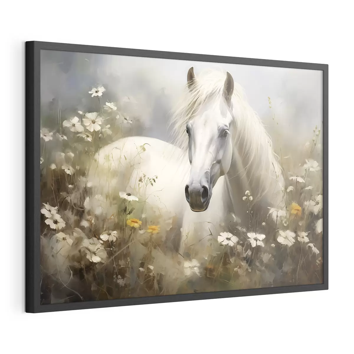 Poster Cheval blanc dans l'herbe parmi les marguerites f40533