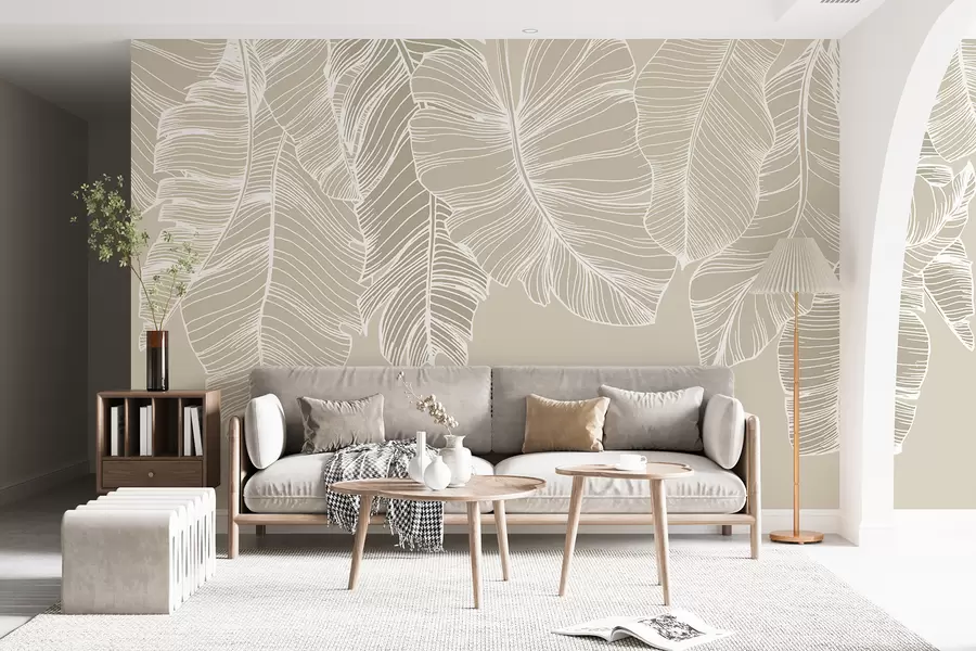 Papier peint Feuilles florales tropicales blanches sur fond beige clair, design d'art au trait minimaliste w08235
