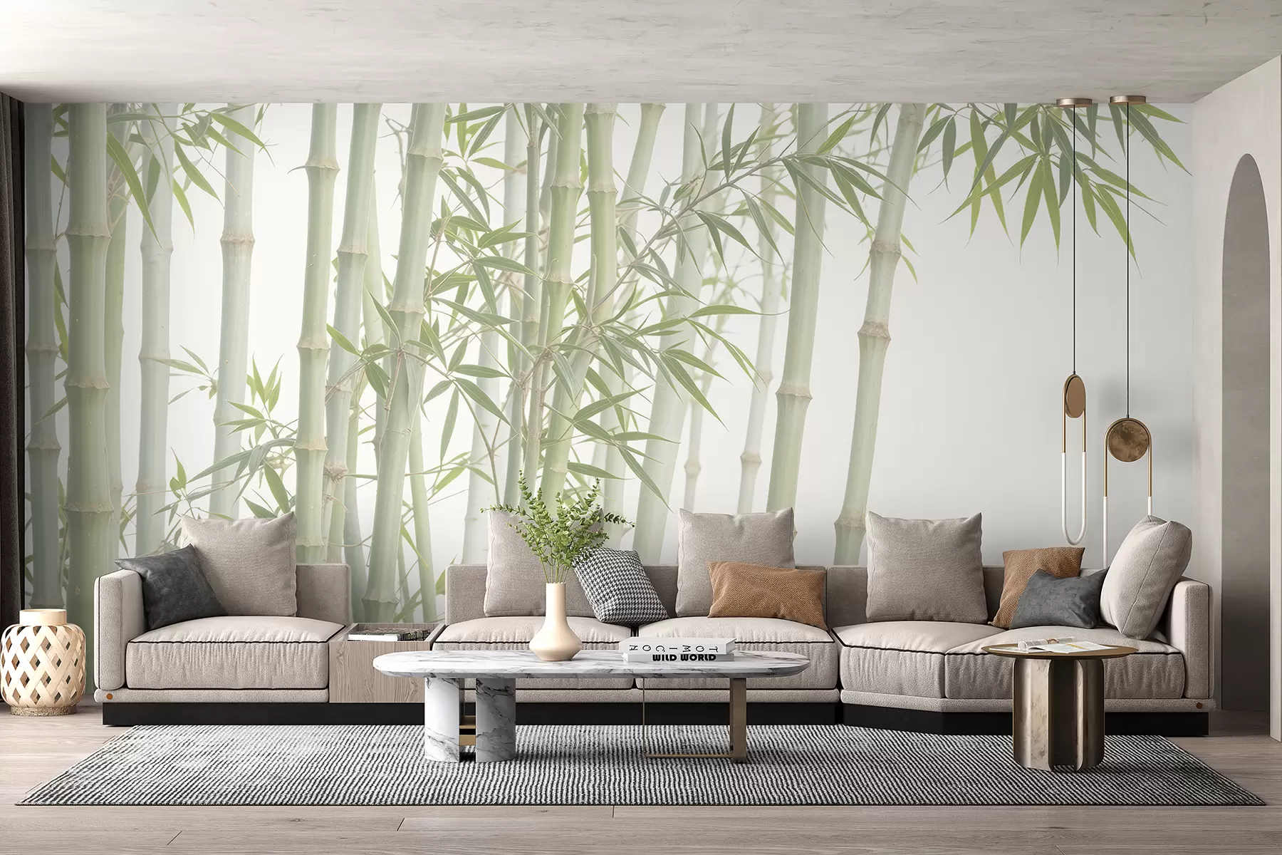 Papier peint Une forêt de bambous dense avec de hautes tiges de bambou et des feuilles vertes sur un fond doux et brumeux w08237