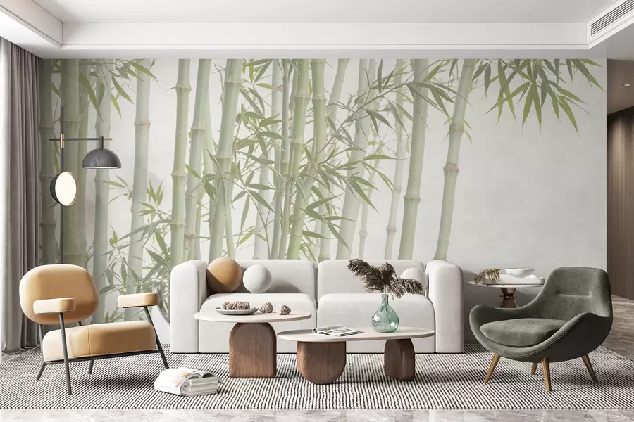 Papier peint Une forêt de bambous dense avec de hautes tiges de bambou et des feuilles vertes sur un fond doux et brumeux w08237