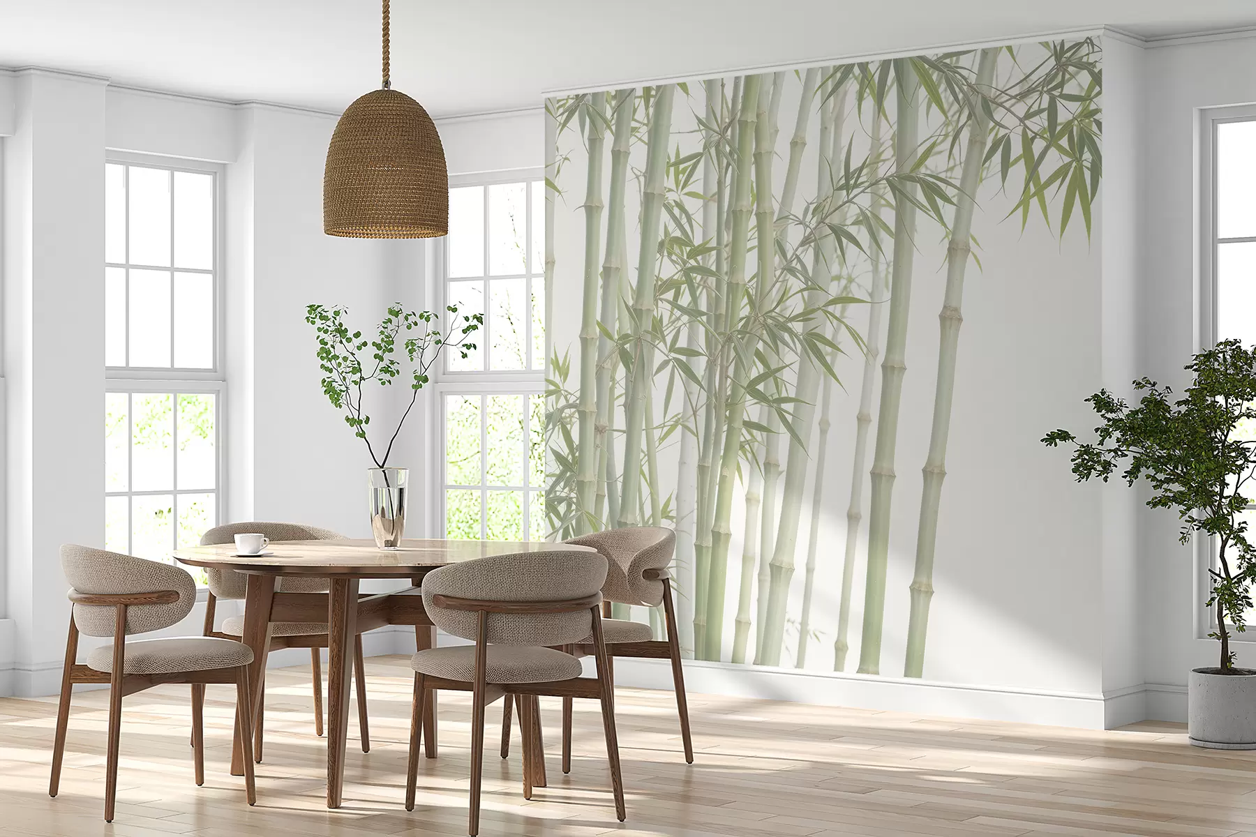 Papier peint Une forêt de bambous dense avec de hautes tiges de bambou et des feuilles vertes sur un fond doux et brumeux w08237