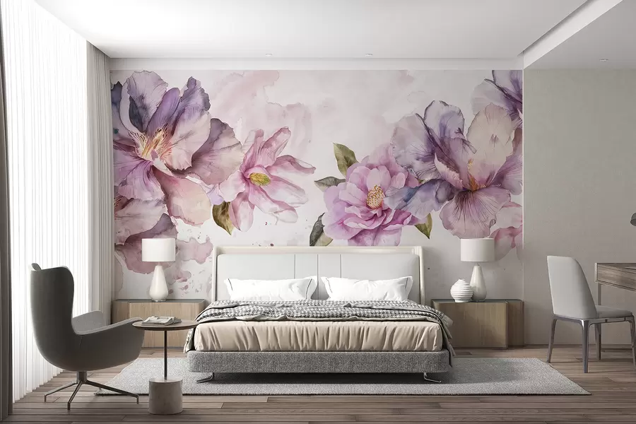 Papier peint Fleurs aquarelles délicates roses et violettes avec des pétales doux et des feuilles vertes sur un fond clair w08238