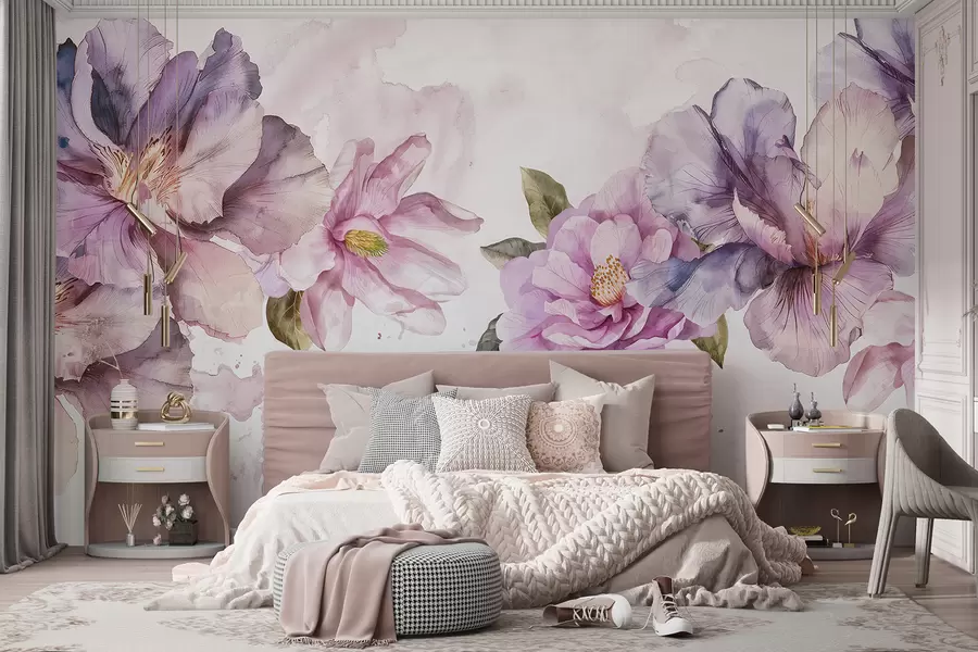 Papier peint Fleurs aquarelles délicates roses et violettes avec des pétales doux et des feuilles vertes sur un fond clair w08238