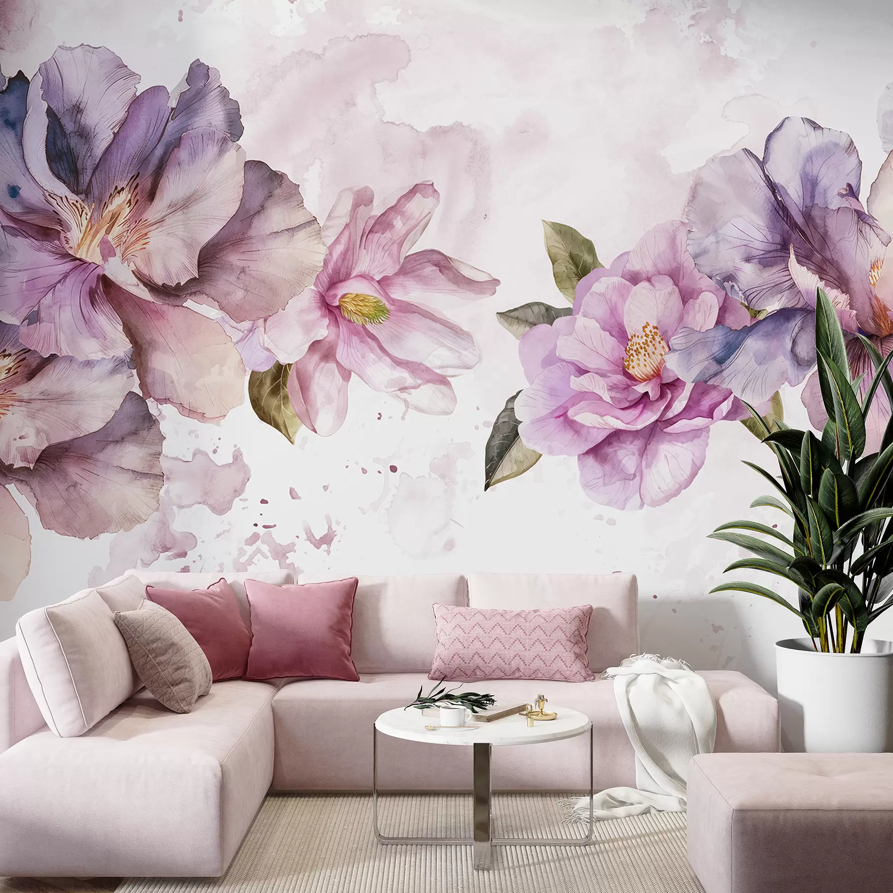 Papier peint Fleurs aquarelles délicates roses et violettes avec des pétales doux et des feuilles vertes sur un fond clair w08238