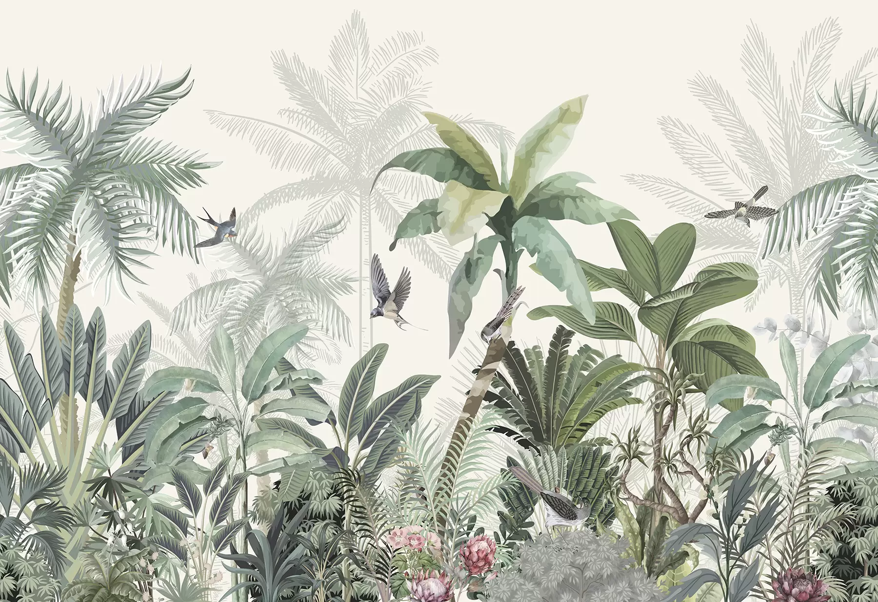 Papier peint Une scène de jungle tropicale luxuriante avec divers palmiers, de grandes feuilles et des fleurs colorées au premier plan w08239