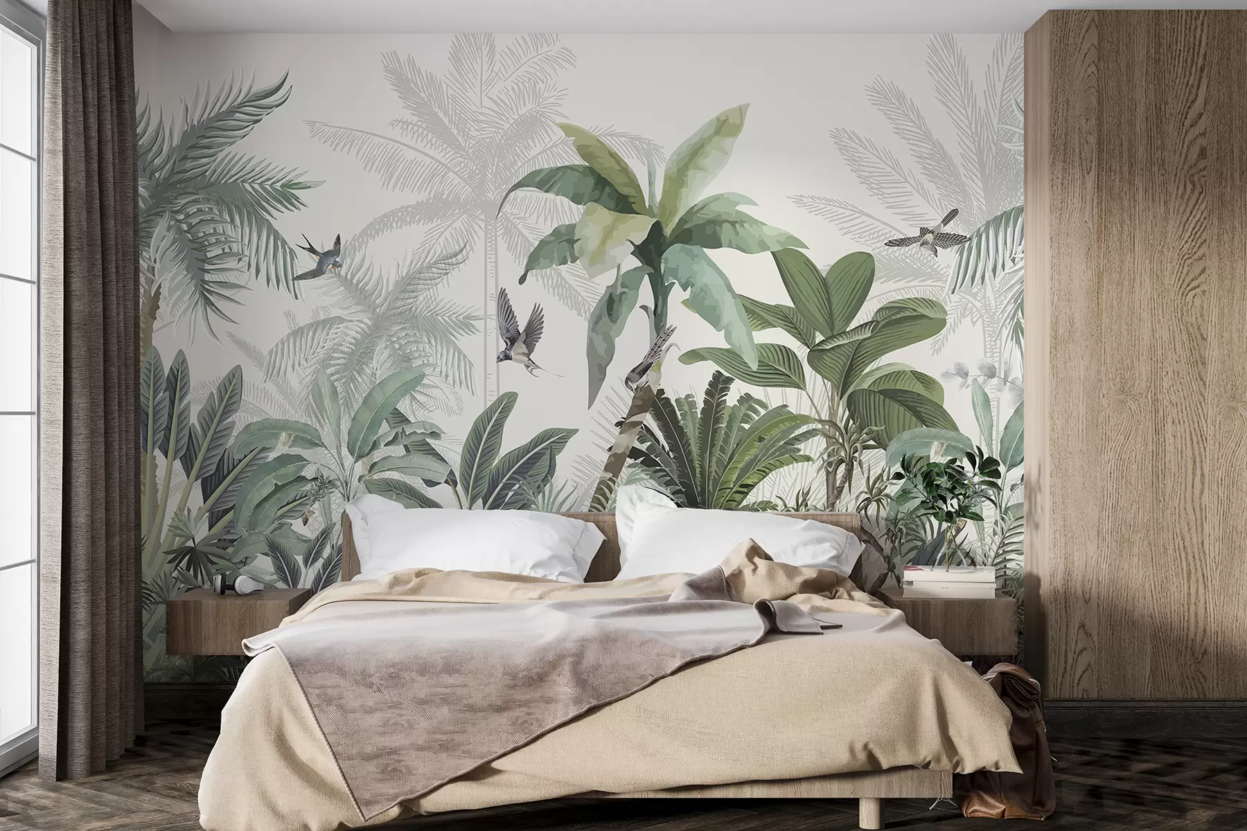 Papier peint Une scène de jungle tropicale luxuriante avec divers palmiers, de grandes feuilles et des fleurs colorées au premier plan w08239