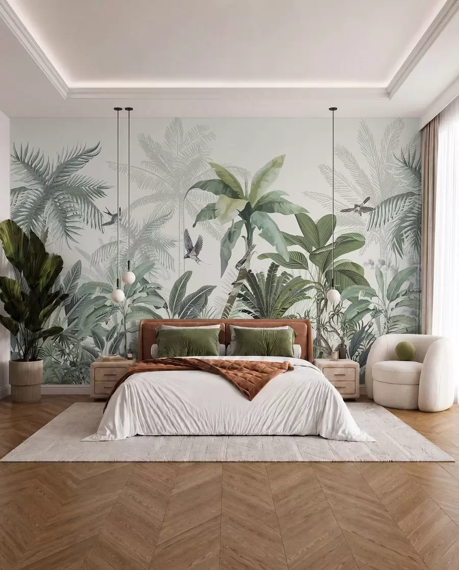 Papier peint Une scène de jungle tropicale luxuriante avec divers palmiers, de grandes feuilles et des fleurs colorées au premier plan w08239