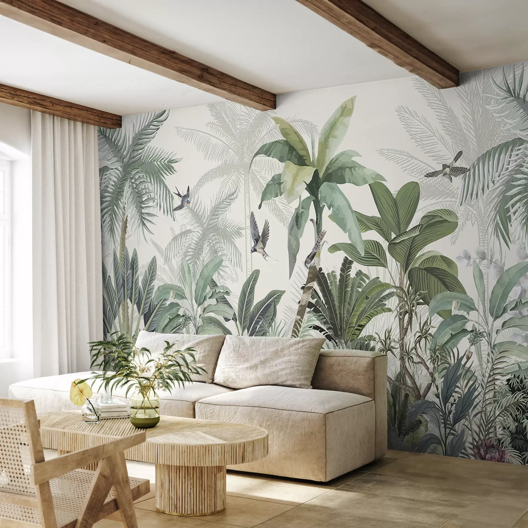 Papier peint Une scène de jungle tropicale luxuriante avec divers palmiers, de grandes feuilles et des fleurs colorées au premier plan w08239