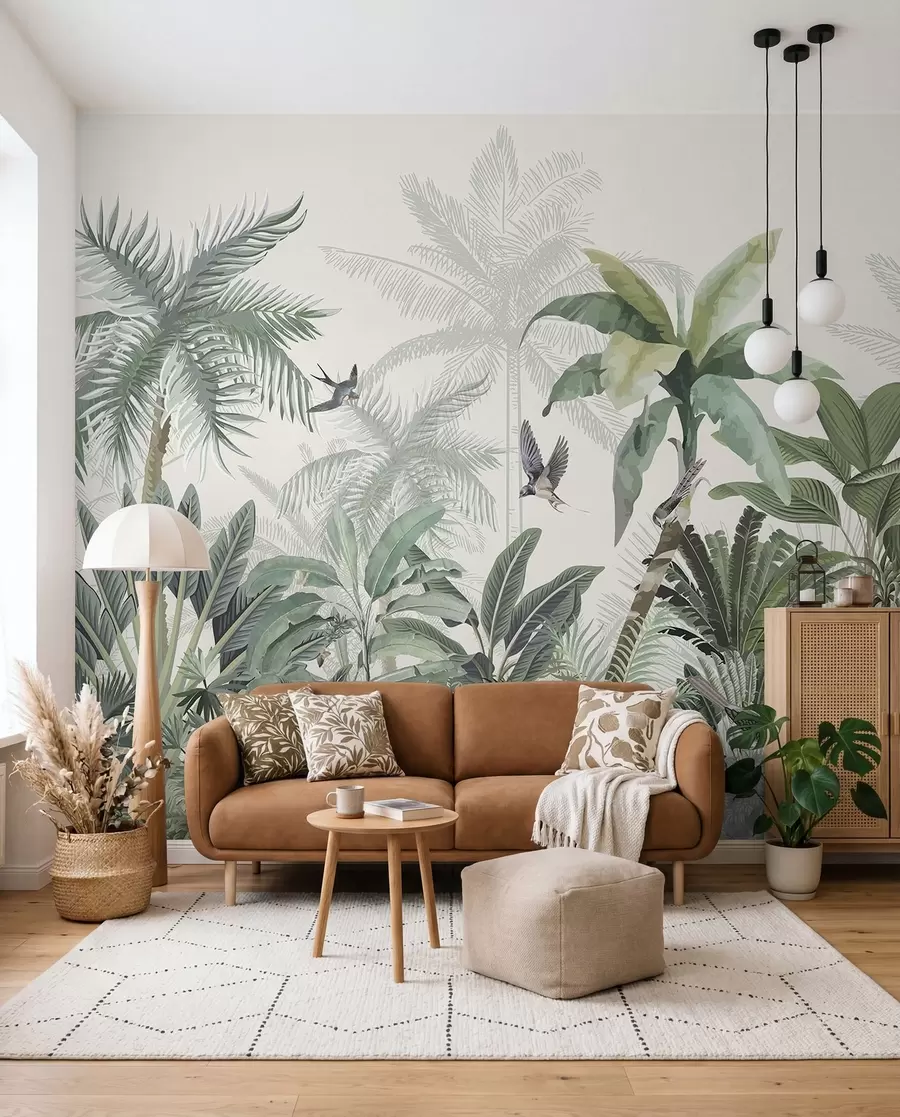 Papier peint Une scène de jungle tropicale luxuriante avec divers palmiers, de grandes feuilles et des fleurs colorées au premier plan w08239
