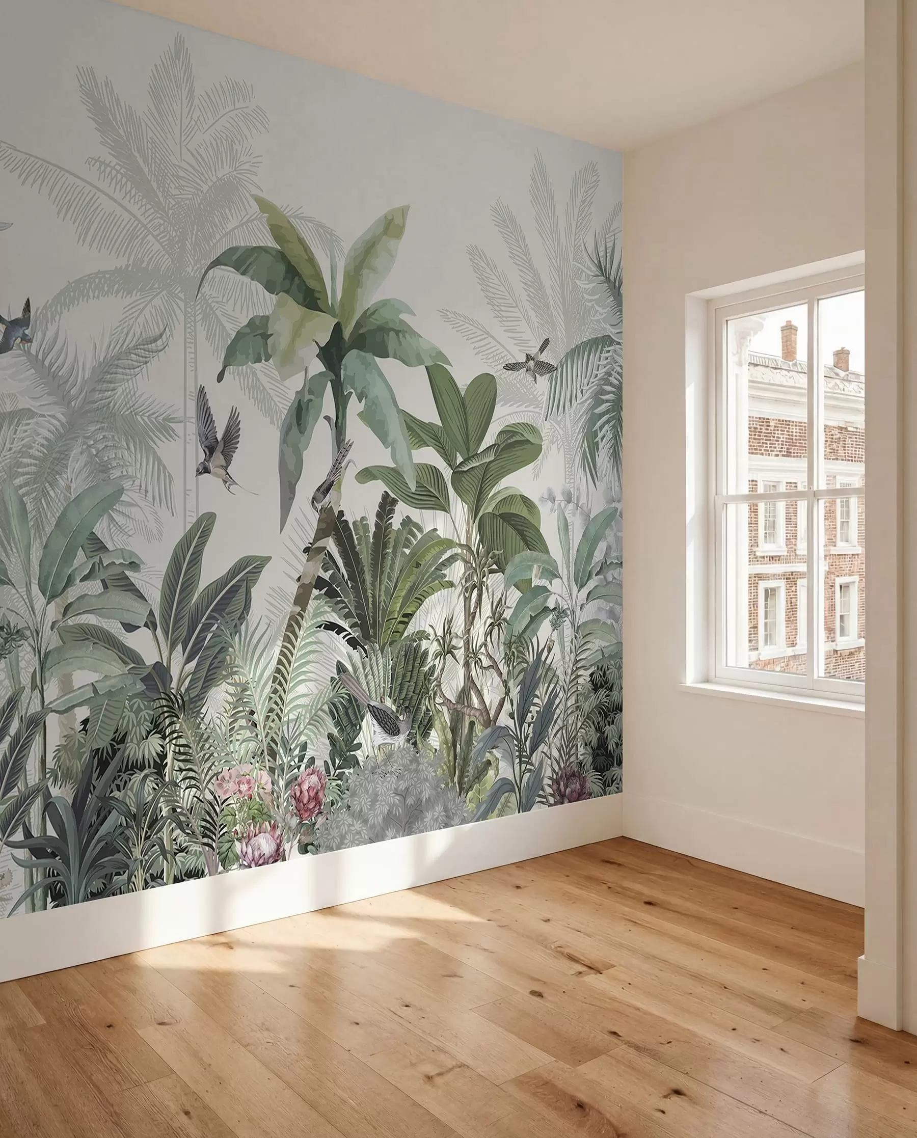 Papier peint Une scène de jungle tropicale luxuriante avec divers palmiers, de grandes feuilles et des fleurs colorées au premier plan w08239