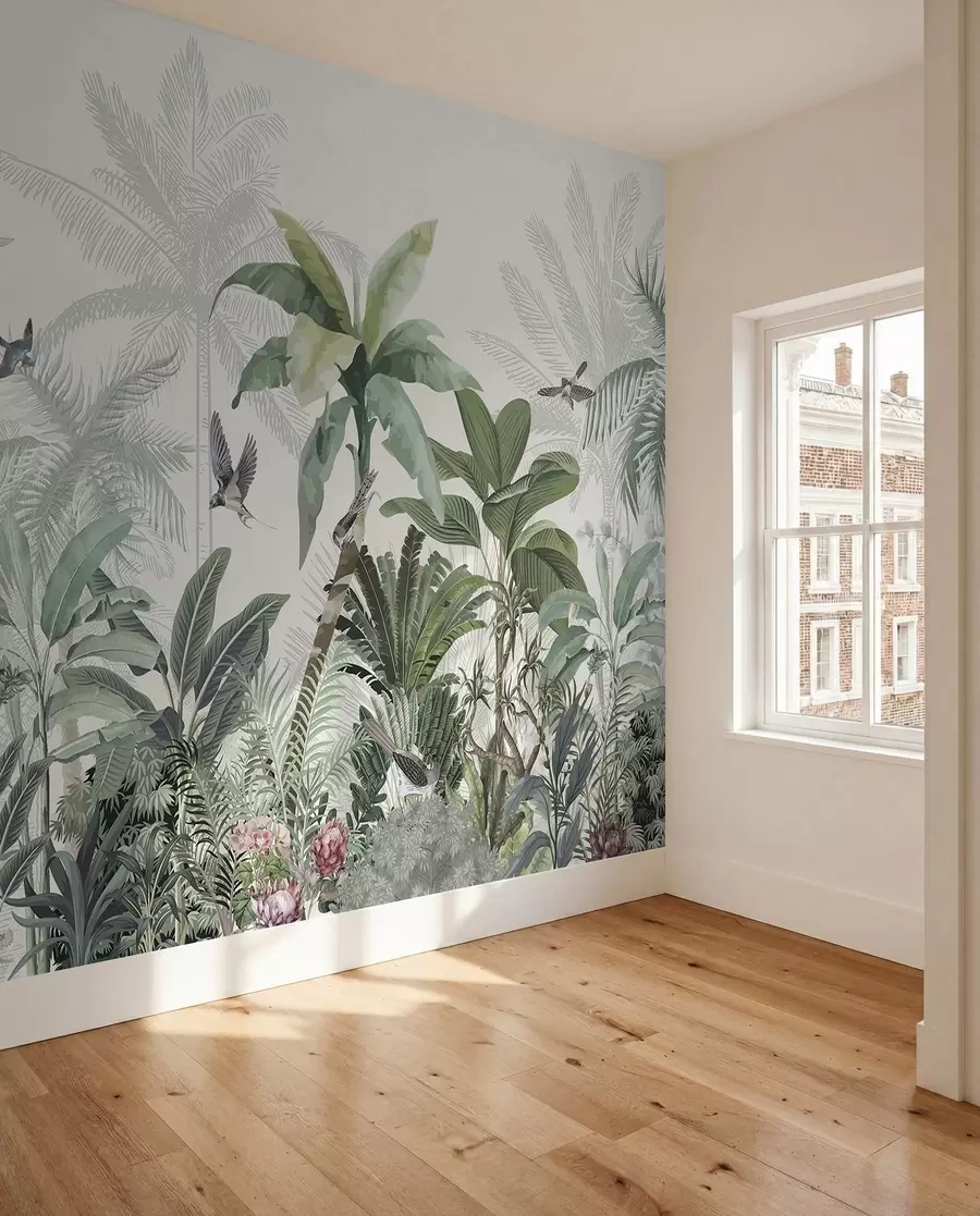 Papier peint Une scène de jungle tropicale luxuriante avec divers palmiers, de grandes feuilles et des fleurs colorées au premier plan w08239