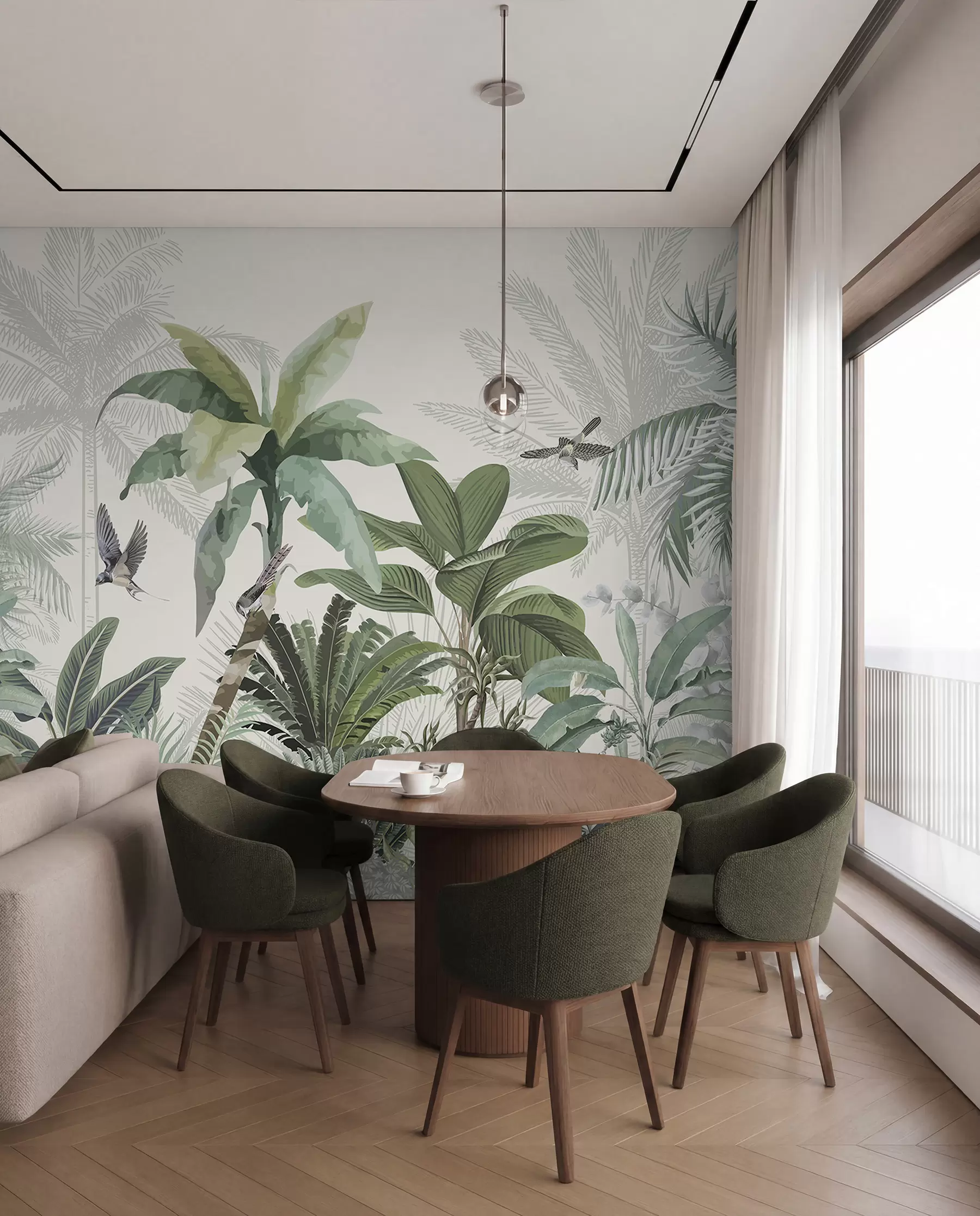 Papier peint Une scène de jungle tropicale luxuriante avec divers palmiers, de grandes feuilles et des fleurs colorées au premier plan w08239