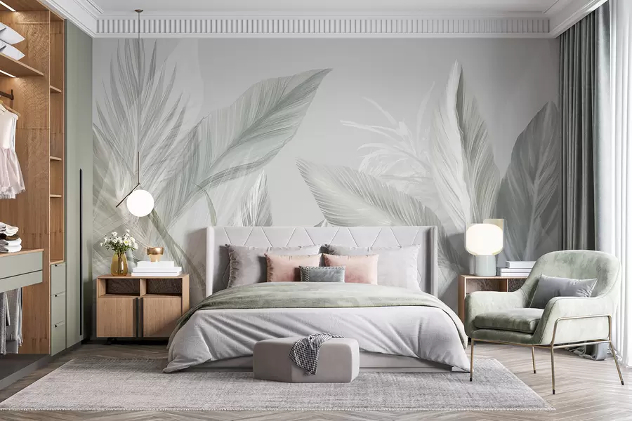 Papier peint Des plumes blanches, vertes et grises douces et des feuilles tropicales flottant sur un fond clair w08241