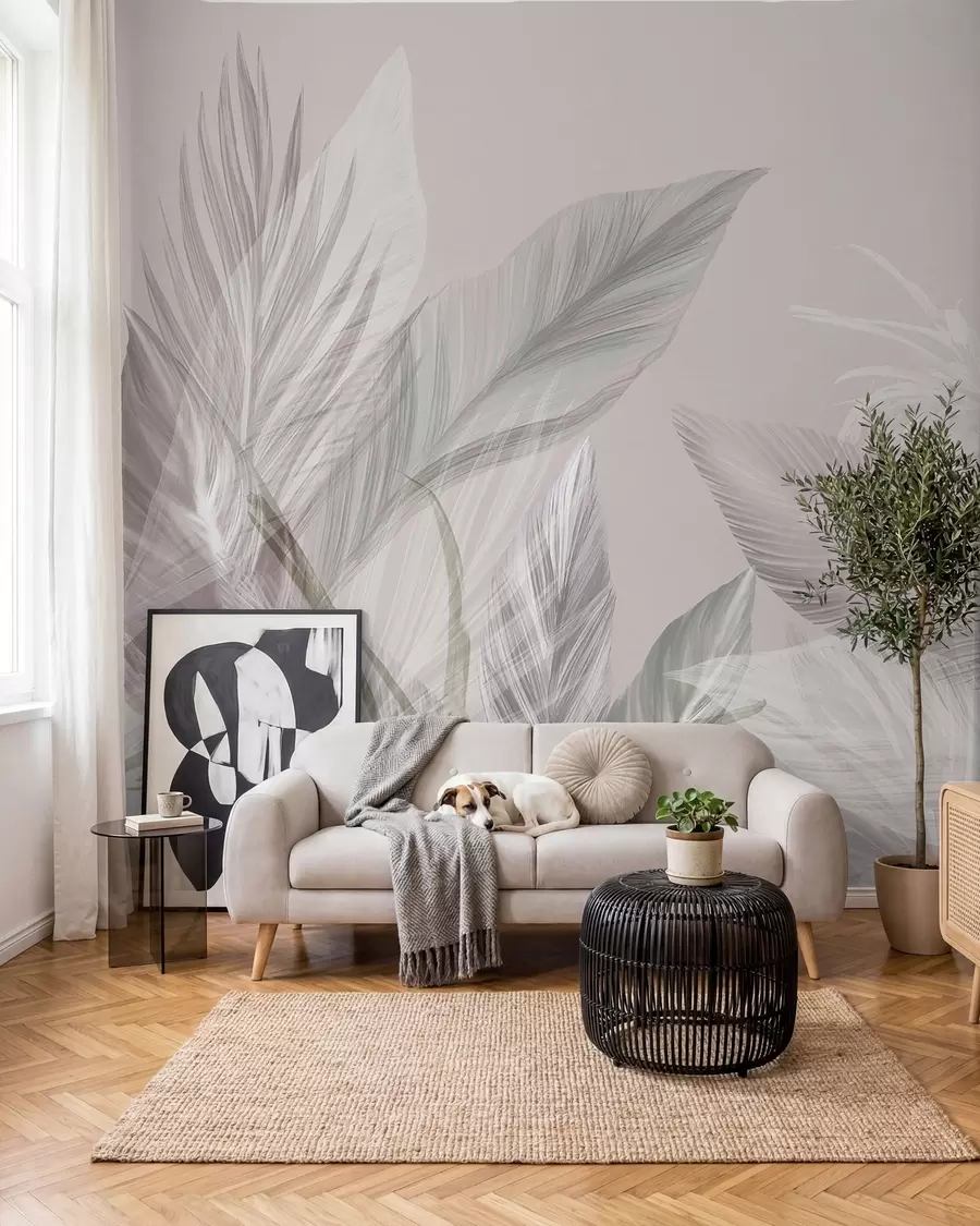 Papier peint De douces plumes blanches, roses et grises et des feuilles tropicales flottant sur un fond clair w08241v1