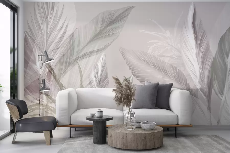 Papier peint De douces plumes blanches, roses et grises et des feuilles tropicales flottant sur un fond clair w08241v1