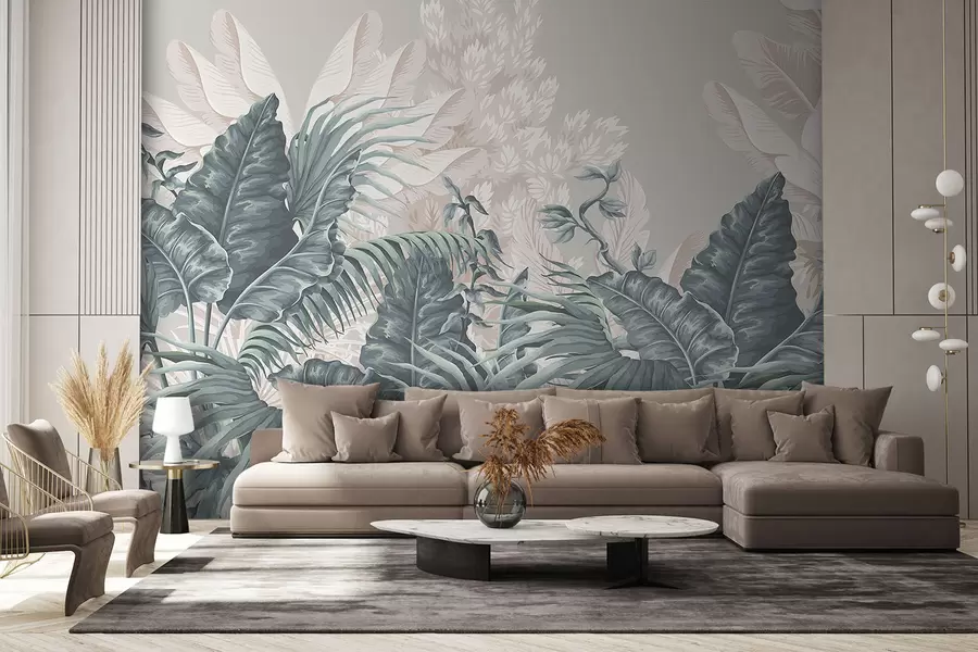 Papier peint Une scène de jungle tropicale avec de grandes feuilles vertes et des fleurs au premier plan, créant une atmosphère luxuriante w08242