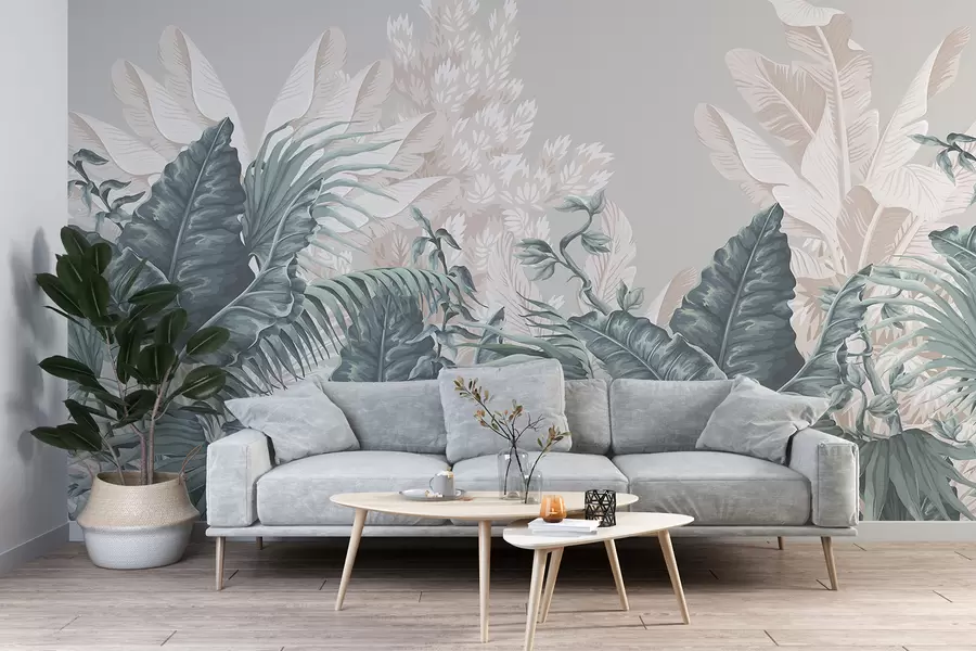Papier peint Une scène de jungle tropicale avec de grandes feuilles vertes et des fleurs au premier plan, créant une atmosphère luxuriante w08242