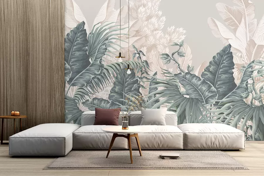 Papier peint Une scène de jungle tropicale avec de grandes feuilles vertes et des fleurs au premier plan, créant une atmosphère luxuriante w08242