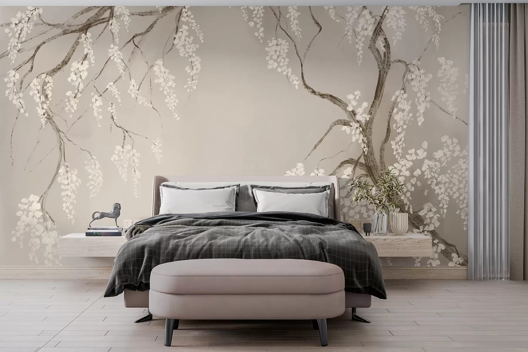 Papier peint Cerisier blanc délicat avec des fleurs en fleurs sur des branches sur fond beige w08243