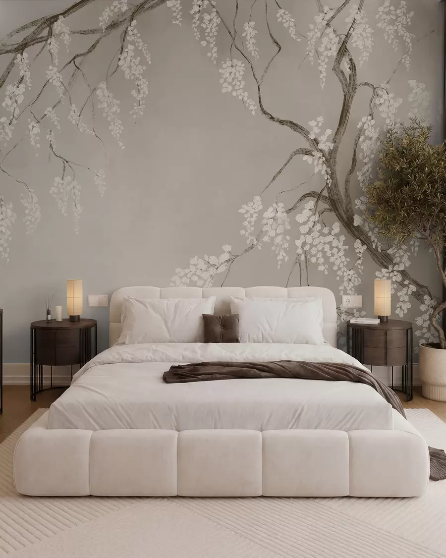 Papier peint Cerisier blanc délicat avec des fleurs en fleurs sur des branches sur fond beige w08243