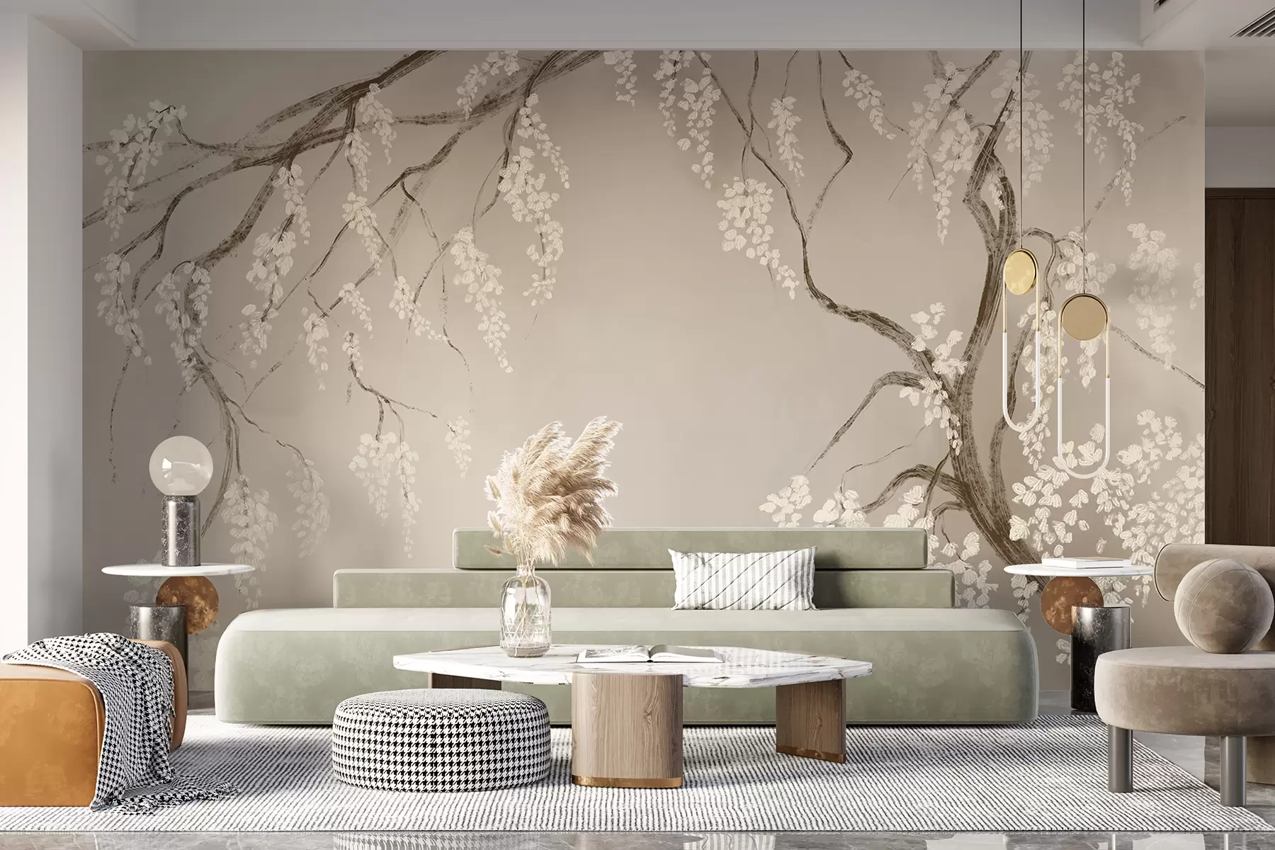 Papier peint Cerisier blanc délicat avec des fleurs en fleurs sur des branches sur fond beige w08243