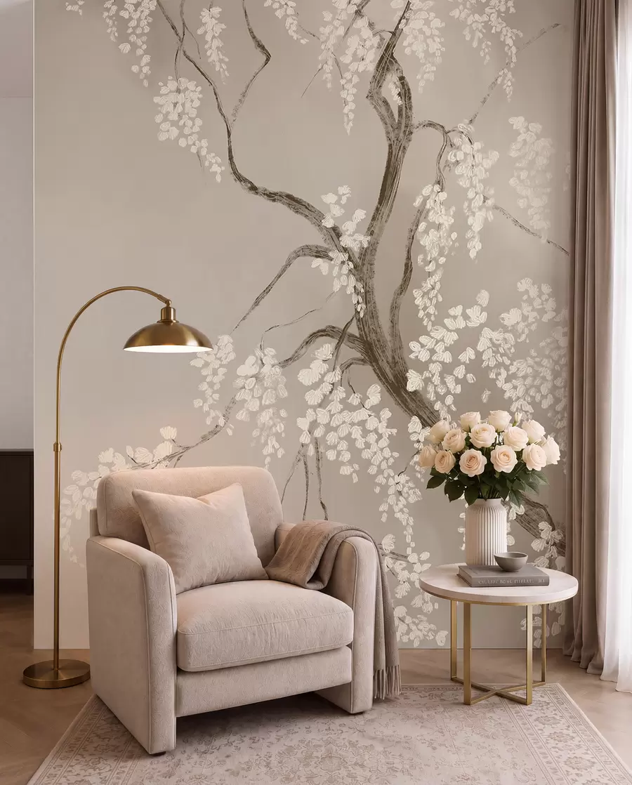 Papier peint Cerisier blanc délicat avec des fleurs en fleurs sur des branches sur fond beige w08243
