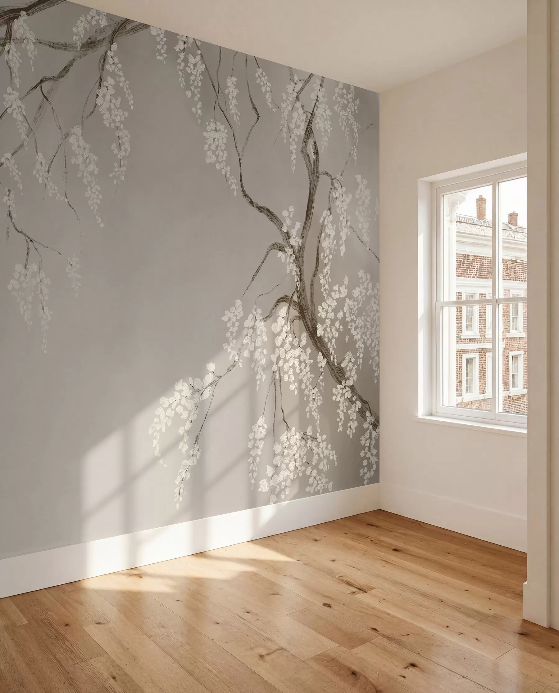 Papier peint Cerisier blanc délicat avec des fleurs en fleurs sur des branches sur fond beige w08243