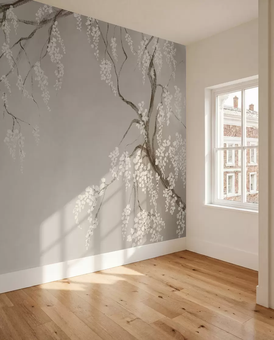 Papier peint Cerisier blanc délicat avec des fleurs en fleurs sur des branches sur fond beige w08243