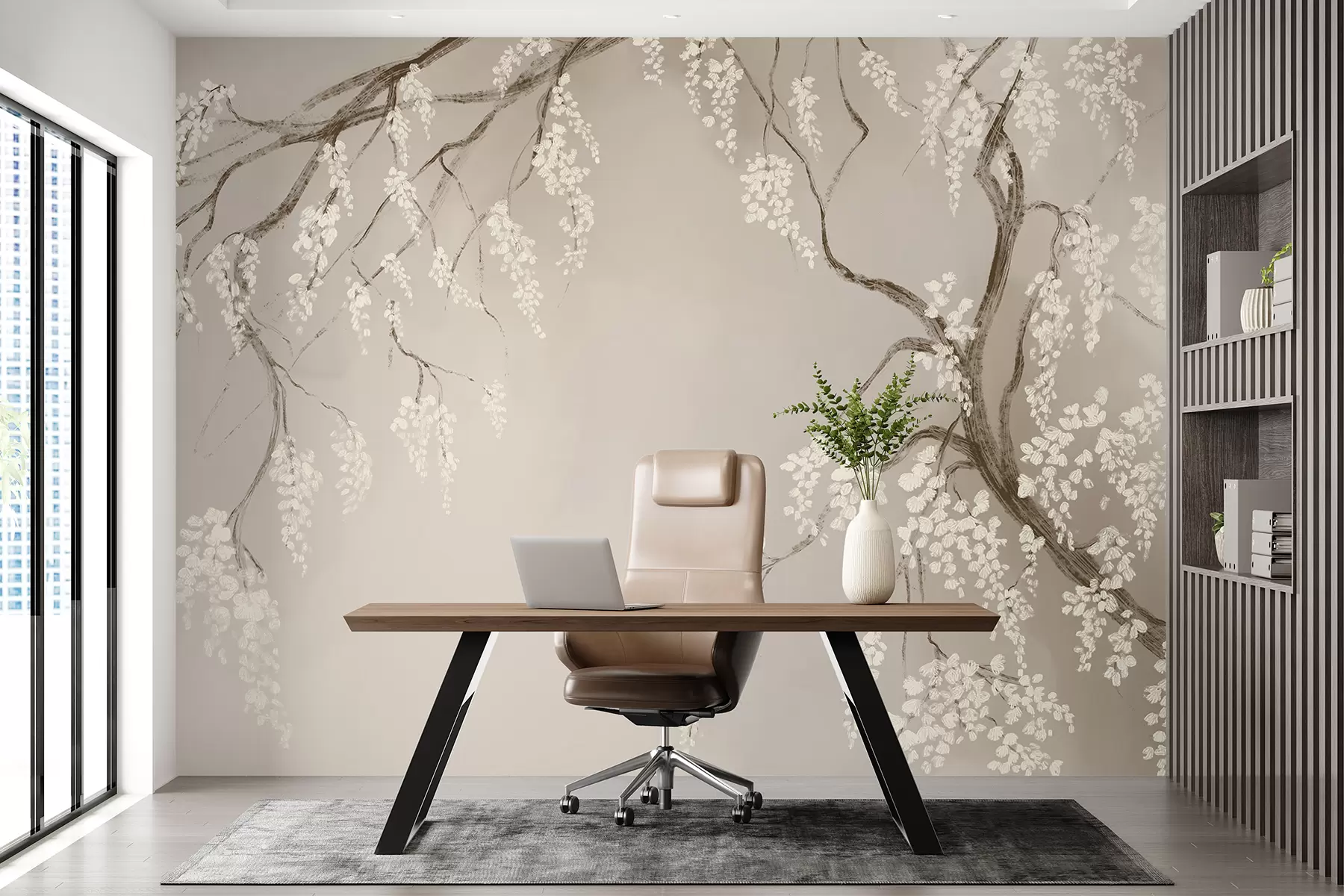 Papier peint Cerisier blanc délicat avec des fleurs en fleurs sur des branches sur fond beige w08243