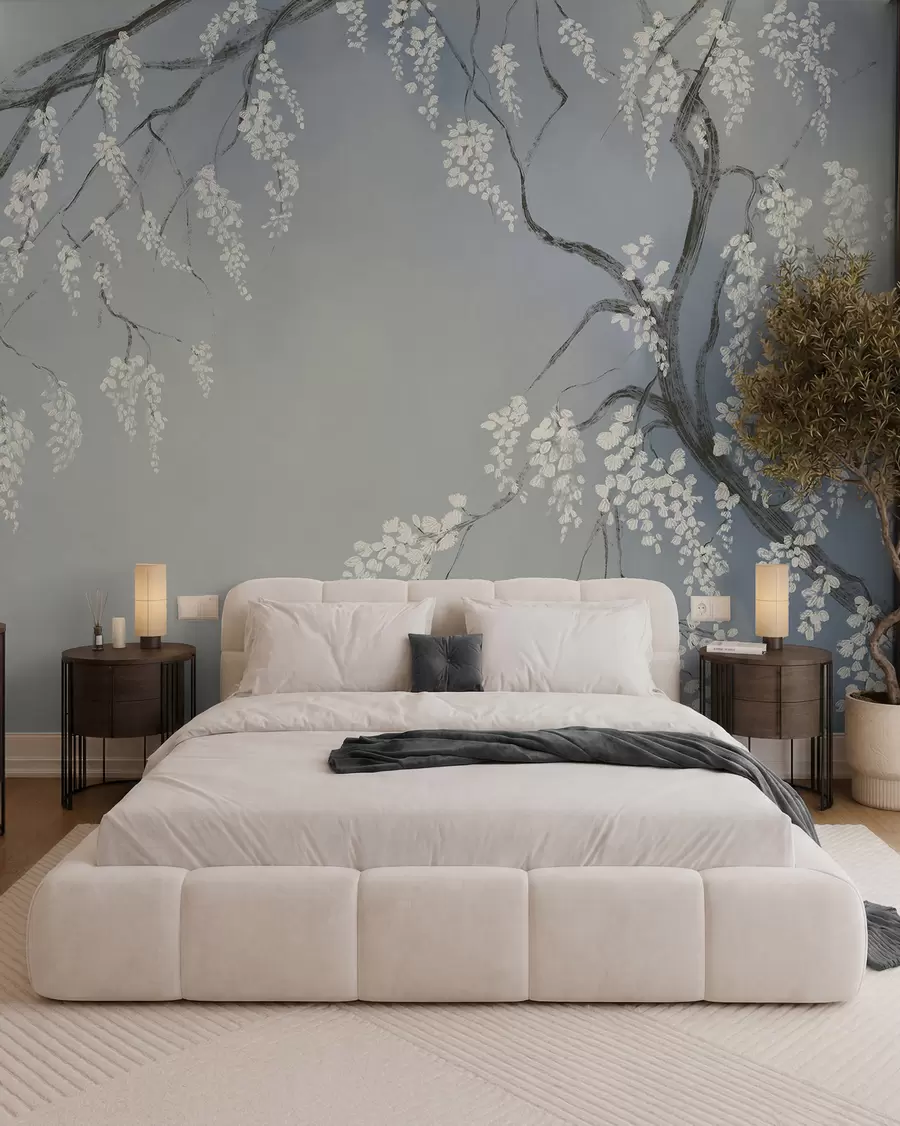 Papier peint Cerisier blanc délicat avec des fleurs en fleurs sur des branches sur fond bleu w08243v1