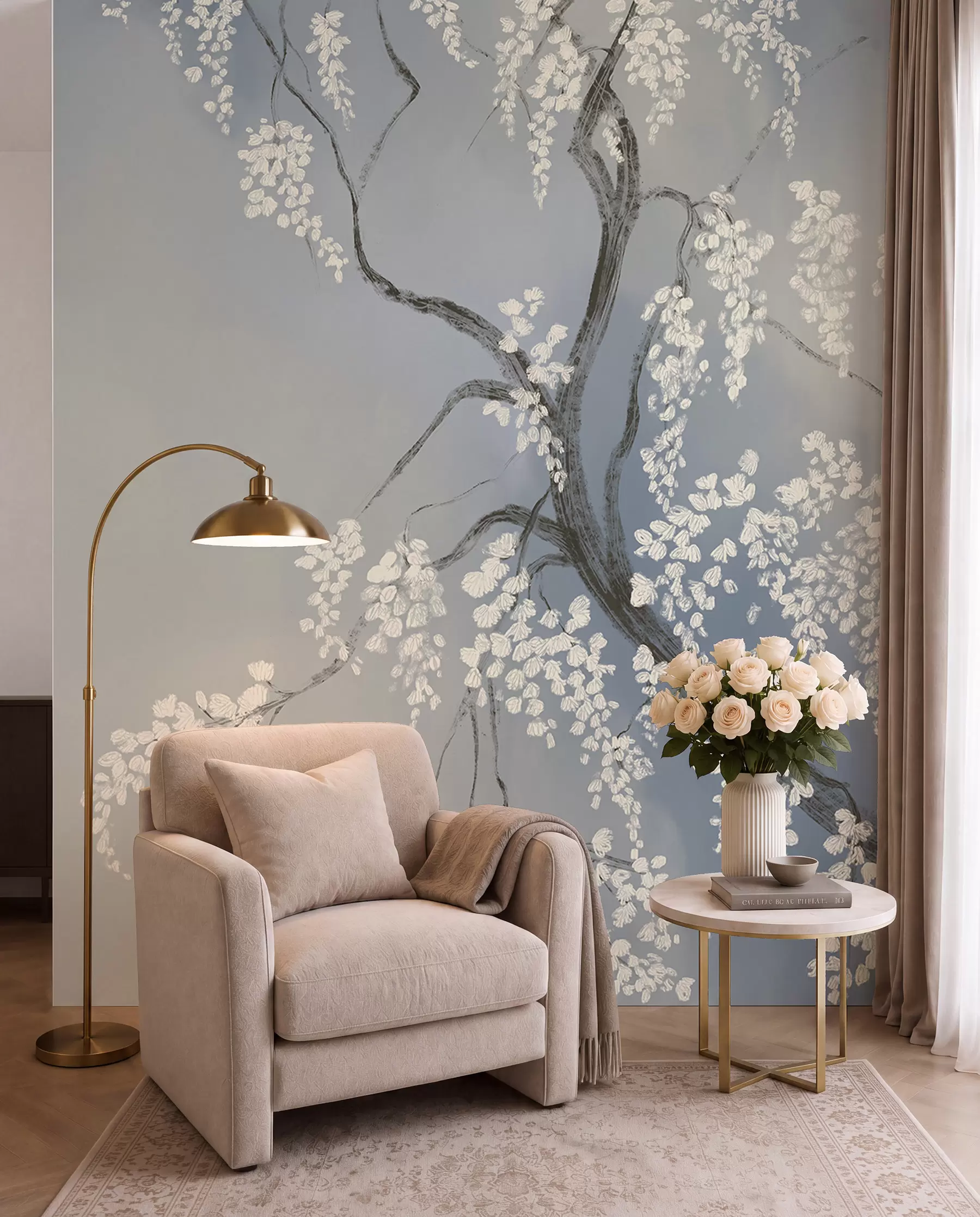 Papier peint Cerisier blanc délicat avec des fleurs en fleurs sur des branches sur fond bleu w08243v1