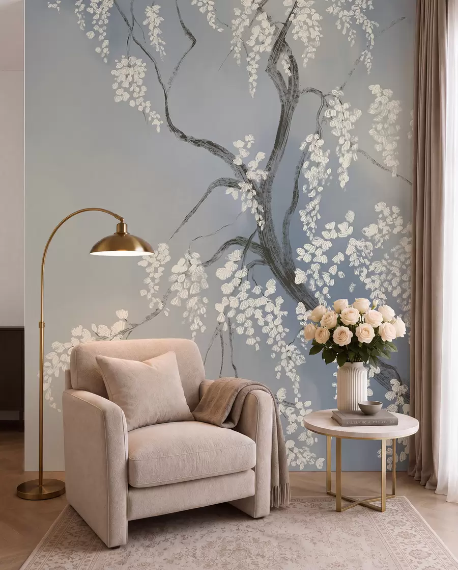 Papier peint Cerisier blanc délicat avec des fleurs en fleurs sur des branches sur fond bleu w08243v1