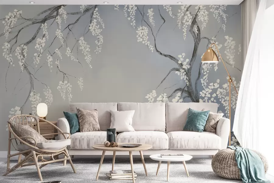 Papier peint Cerisier blanc délicat avec des fleurs en fleurs sur des branches sur fond bleu w08243v1
