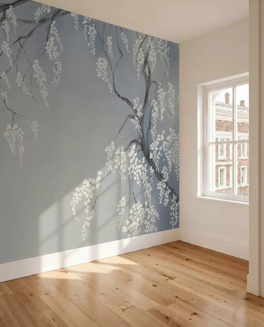 Papier peint Cerisier blanc délicat avec des fleurs en fleurs sur des branches sur fond bleu w08243v1