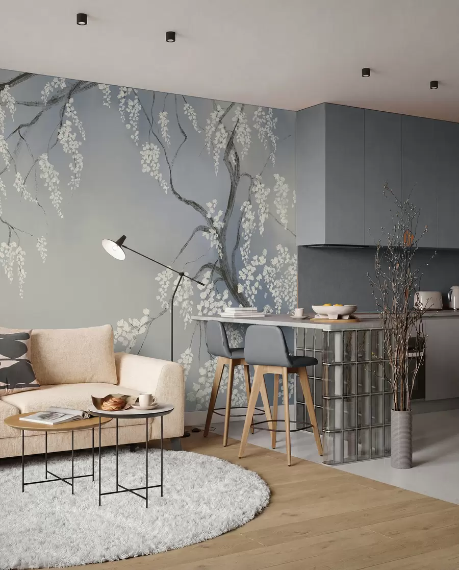 Papier peint Cerisier blanc délicat avec des fleurs en fleurs sur des branches sur fond bleu w08243v1
