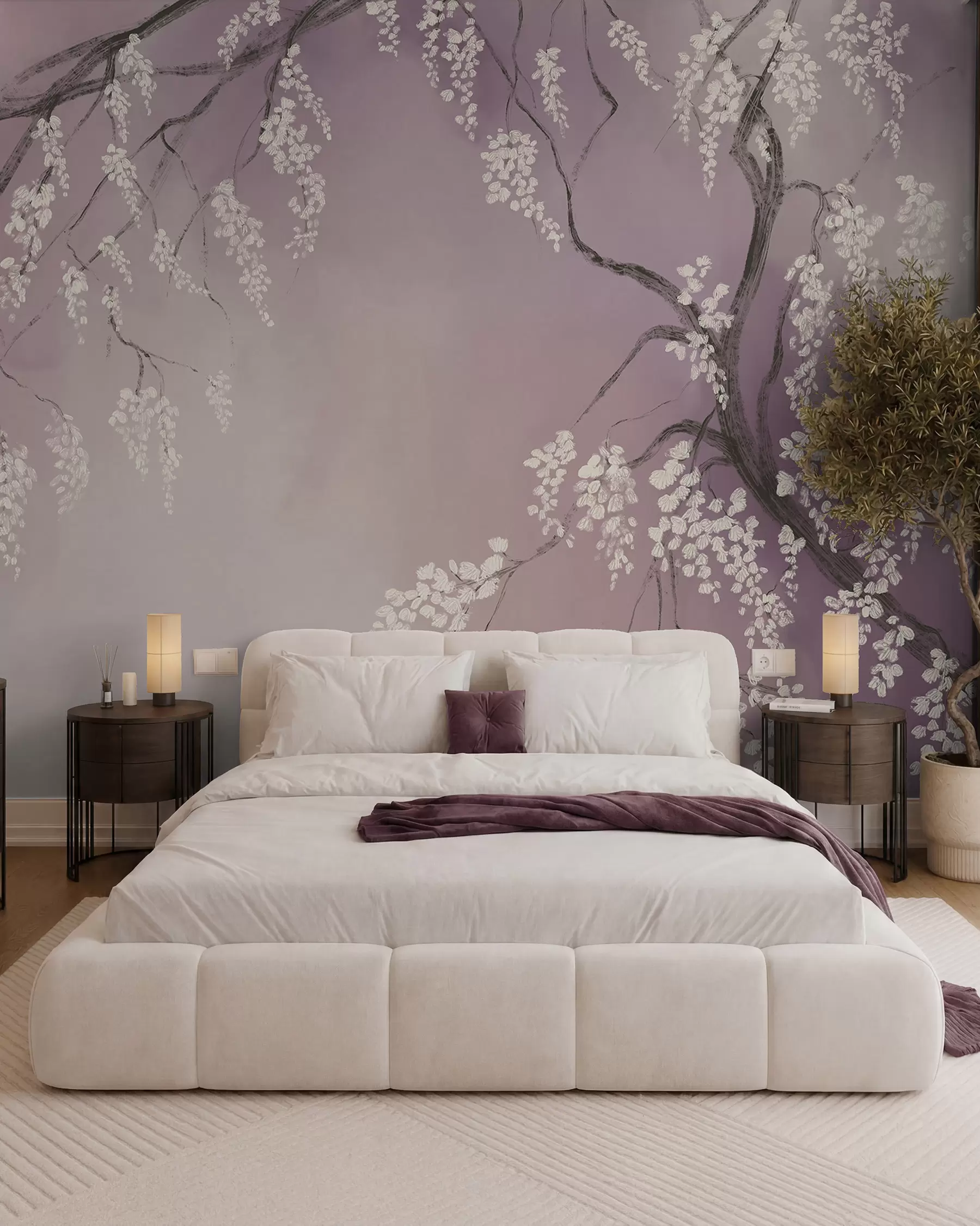 Papier peint Cerisier blanc délicat avec des fleurs en fleurs sur des branches sur fond rose w08243v2