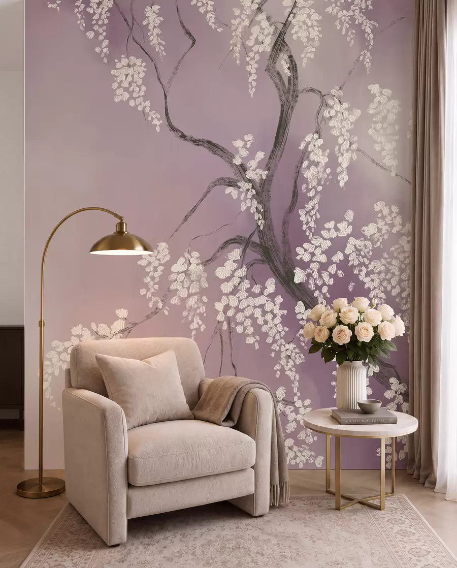Papier peint Cerisier blanc délicat avec des fleurs en fleurs sur des branches sur fond rose w08243v2