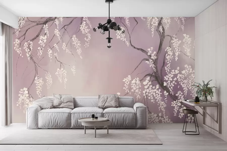 Papier peint Cerisier blanc délicat avec des fleurs en fleurs sur des branches sur fond rose w08243v2