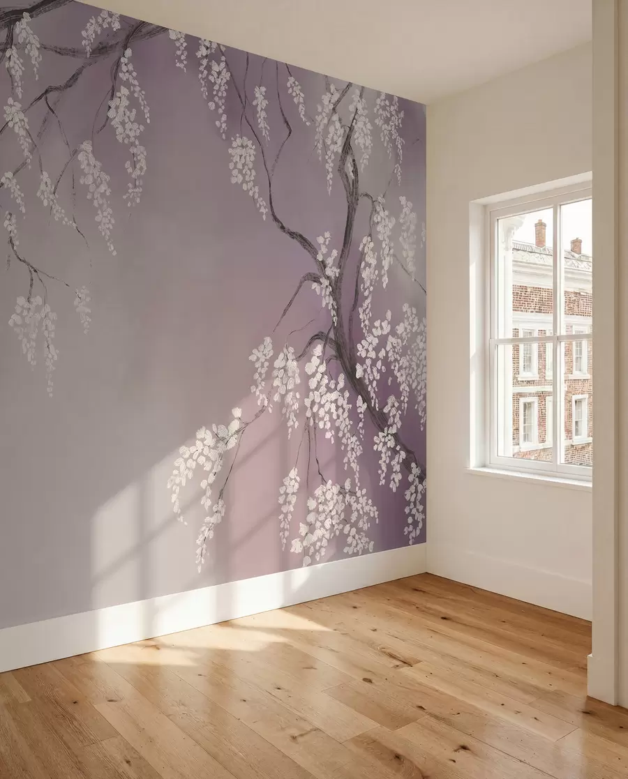 Papier peint Cerisier blanc délicat avec des fleurs en fleurs sur des branches sur fond rose w08243v2