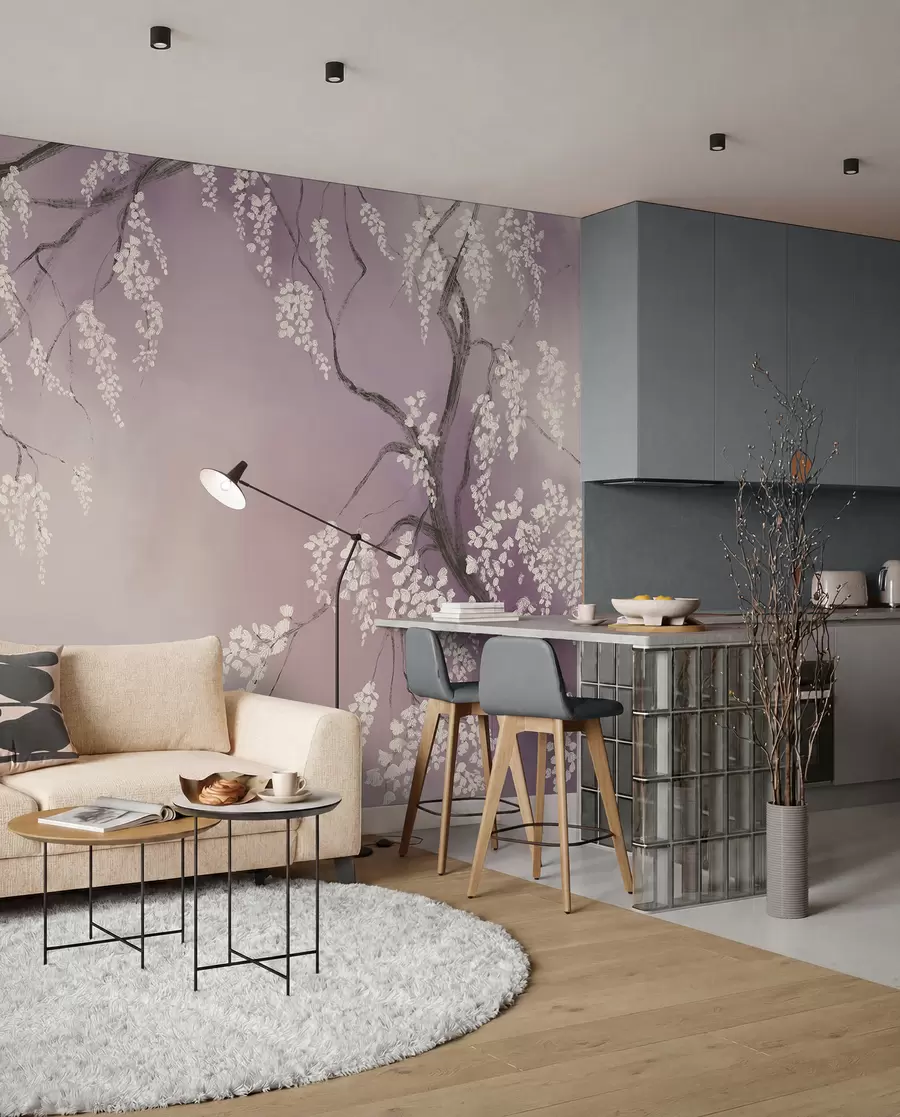 Papier peint Cerisier blanc délicat avec des fleurs en fleurs sur des branches sur fond rose w08243v2