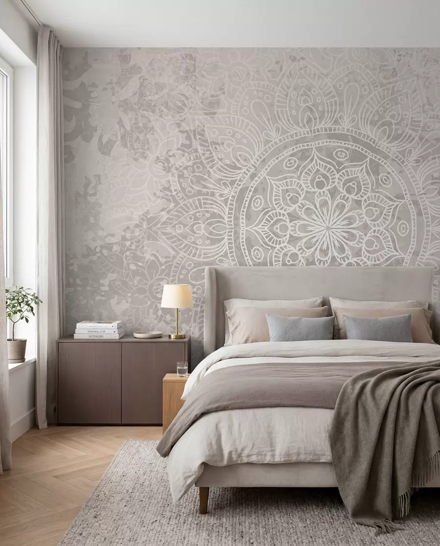 Papier peint Un motif de mandala blanc détaillé sur un fond vintage texturé gris clair w08246