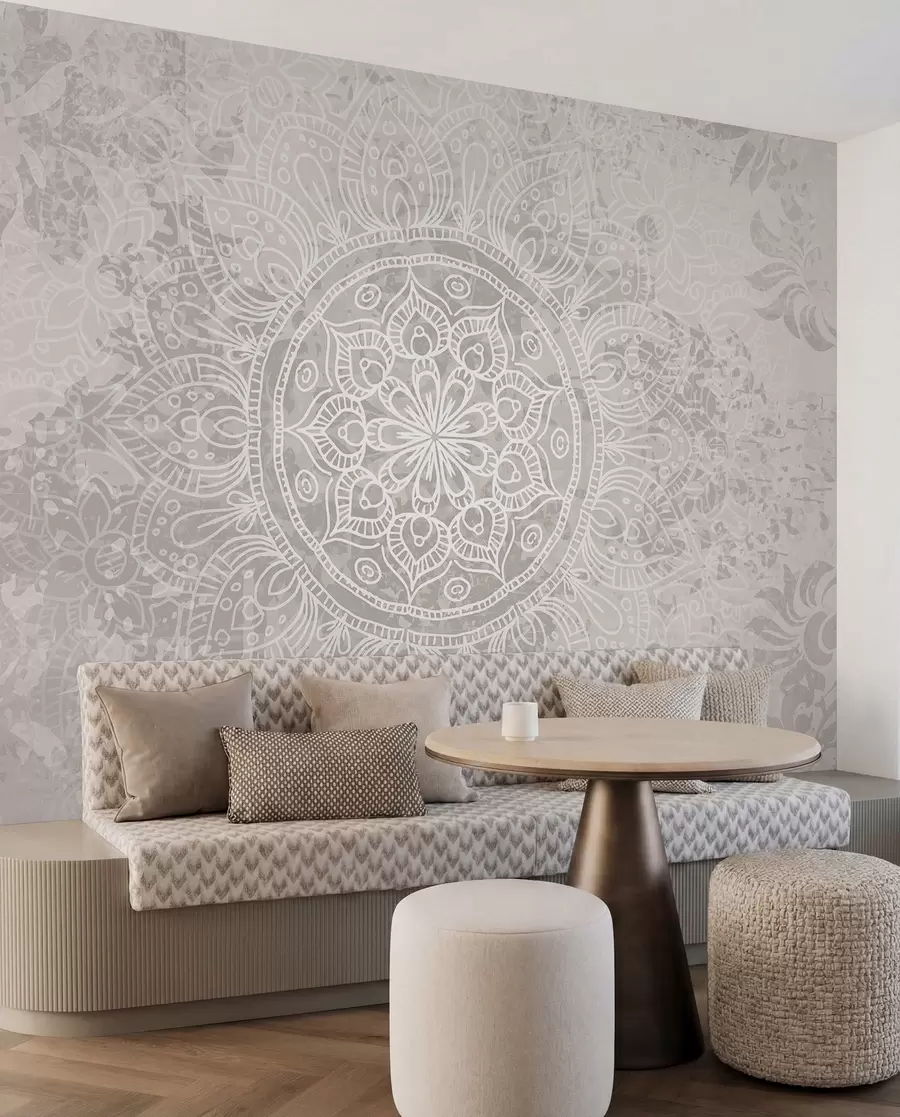 Papier peint Un motif de mandala blanc détaillé sur un fond vintage texturé gris clair w08246