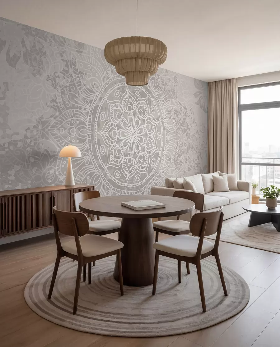 Papier peint Un motif de mandala blanc détaillé sur un fond vintage texturé gris clair w08246