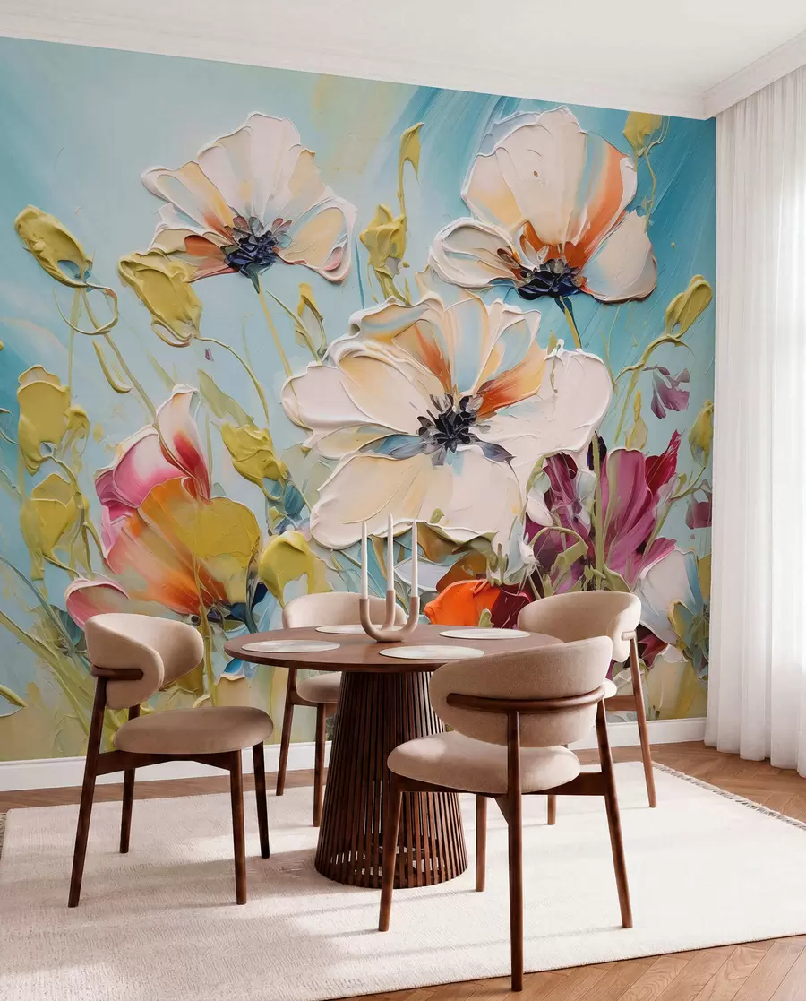 Papier peint Coquelicots blancs abstraits sur fond bleu, imitation de coups de pinceau w01043