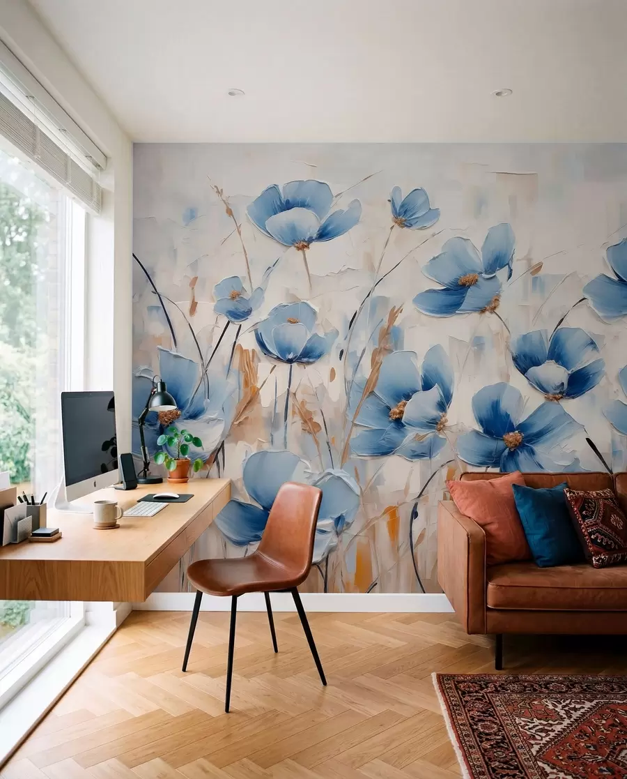 Papier peint Fleurs bleues sur fond abstrait, imitation de coups de pinceau à l'huile w01045