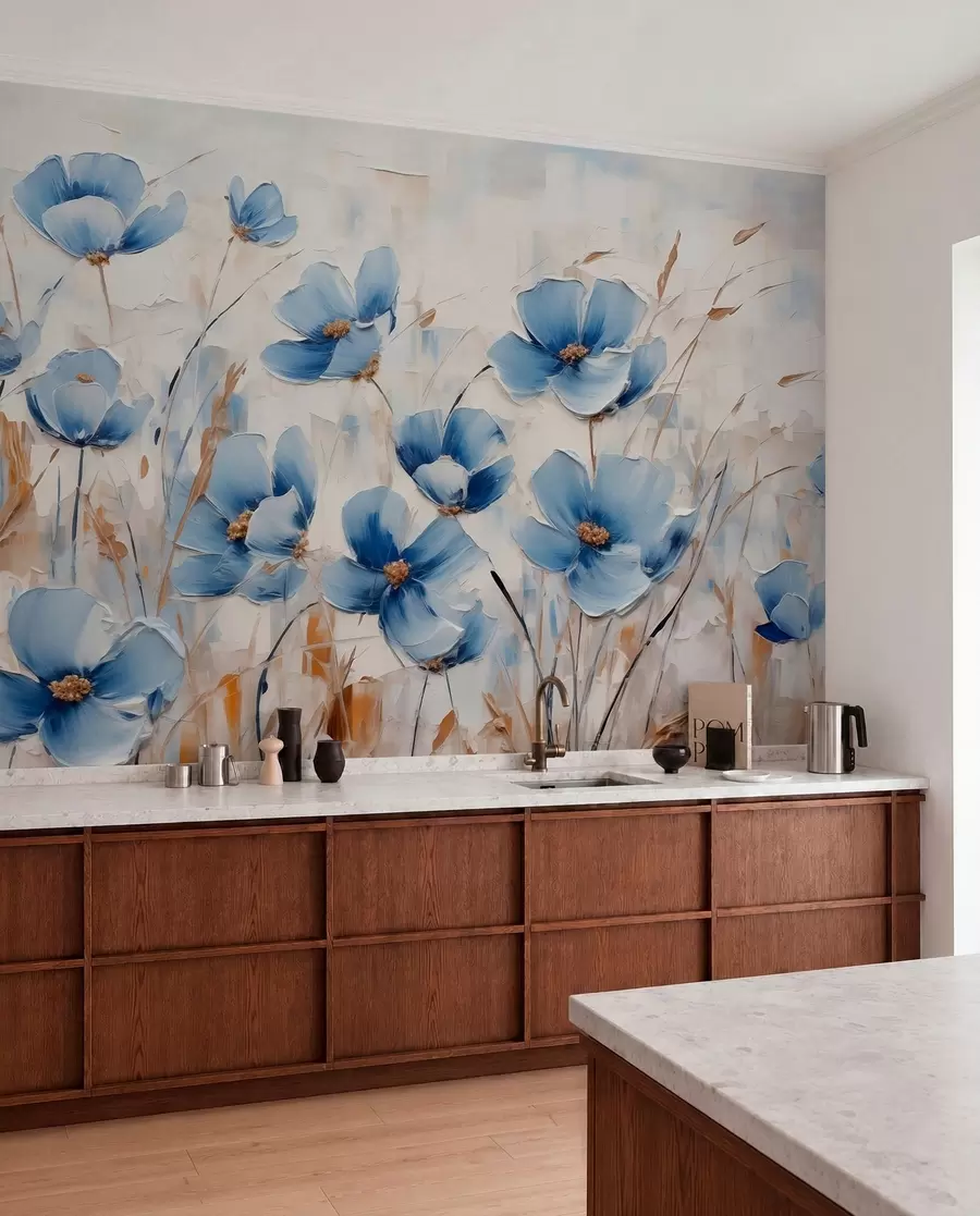 Papier peint Fleurs bleues sur fond abstrait, imitation de coups de pinceau à l'huile w01045