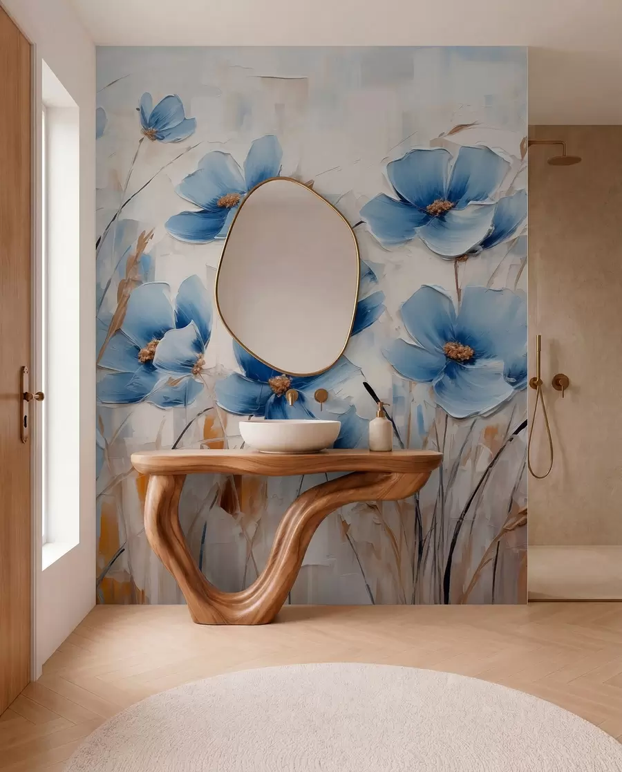 Papier peint Fleurs bleues sur fond abstrait, imitation de coups de pinceau à l'huile w01045